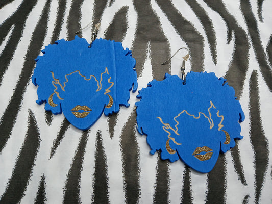 Blue Afro Wooden Earrings