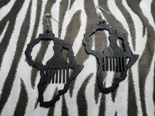 Black Hair Pick Wooden Earrings