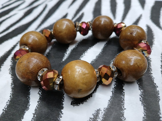 Wood & Ruby Mixed Bead Bangle