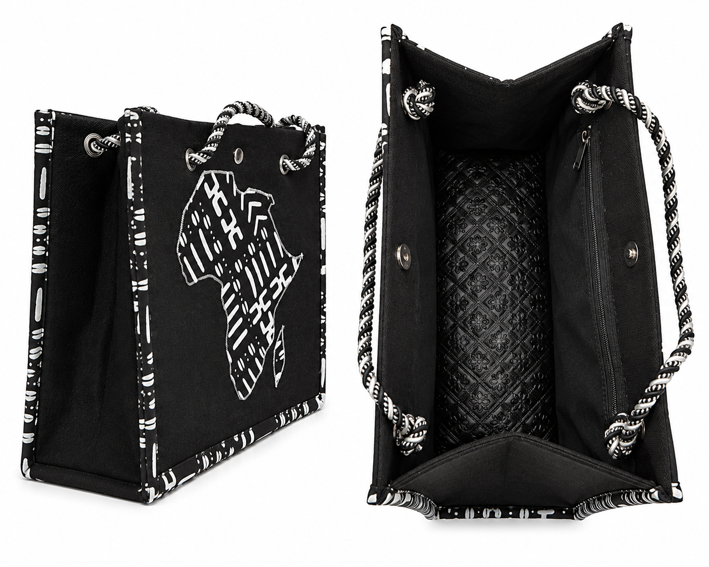 Black canvas tote bag with white rope handles and a white graphic print of the African continent on the front, shown from both the front and back angles against a white background.