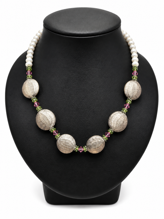 Pearl & Silver Disc Necklace