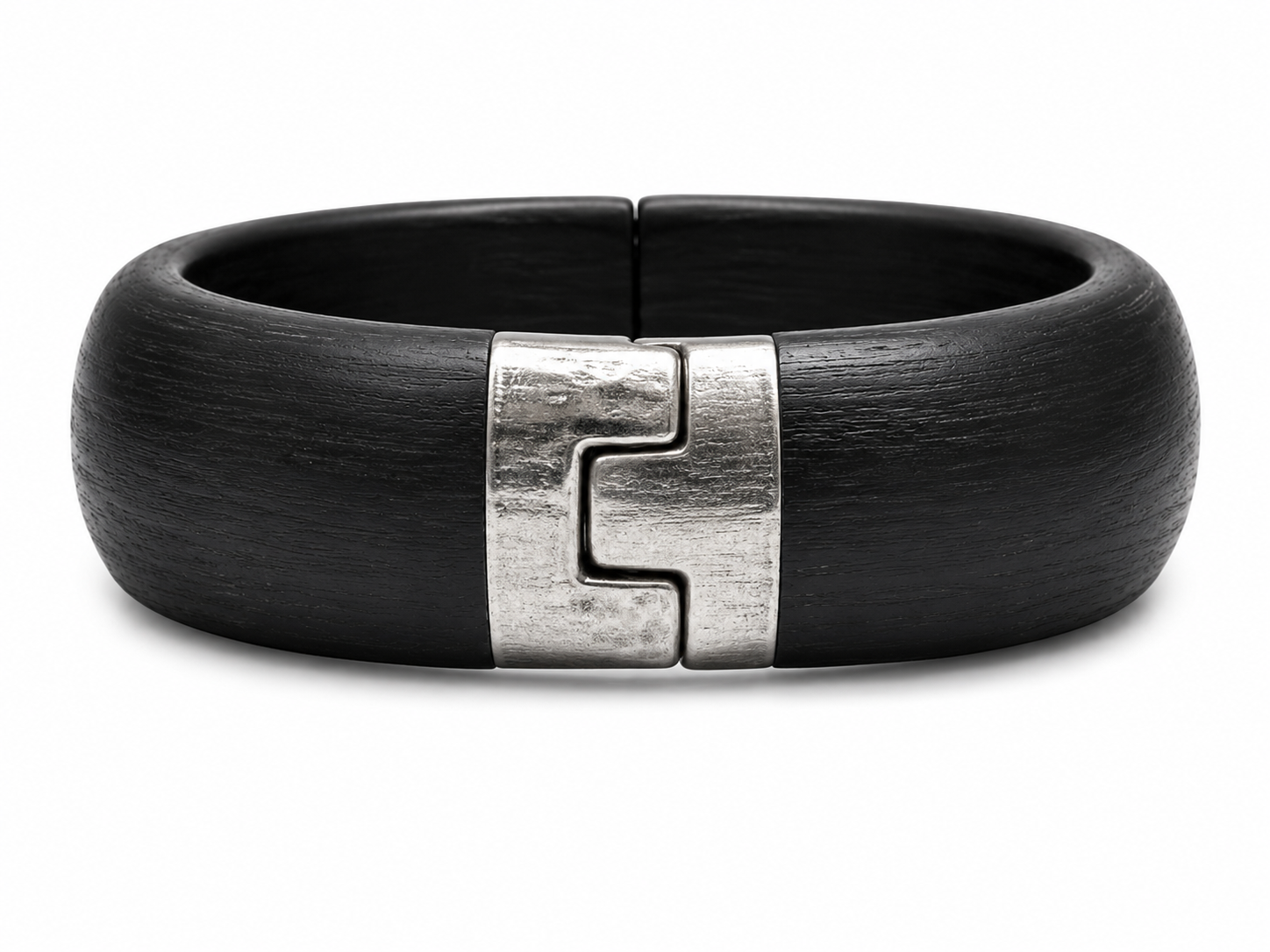 A wide black bangle bracelet with a brushed silver metal clasp, shown against a plain white background.