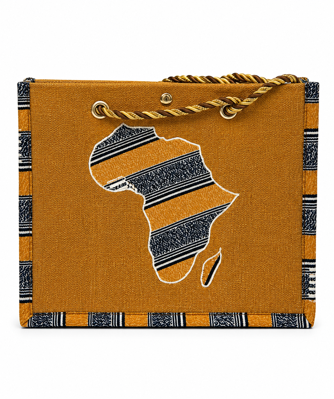 A mustard yellow canvas tote bag featuring a large embroidered silhouette of Africa with black and white patterned stripes, a matching patterned border, and a braided yellow and black rope handle.