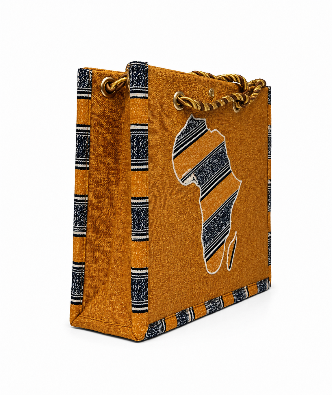 A mustard yellow canvas tote bag featuring a large map of Africa printed on the front in a navy blue and beige patterned design, with matching patterned side panels and rope handles.