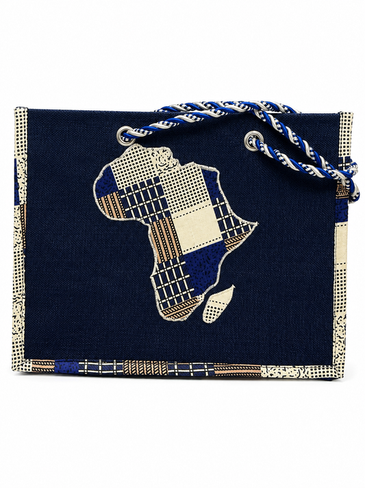 A navy blue fabric clutch bag featuring a large patchwork-style Africa continent silhouette motif on the front, a braided blue and white rope handle, and patterned trim along the edges.