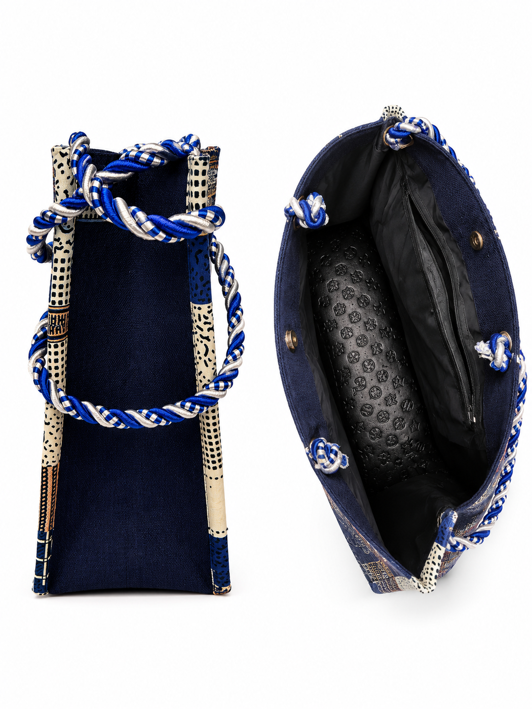 A navy blue fabric pouch bag shown from two angles: a front view with thick braided blue and white rope handles, and an open back view showing a black interior with a patterned lining.