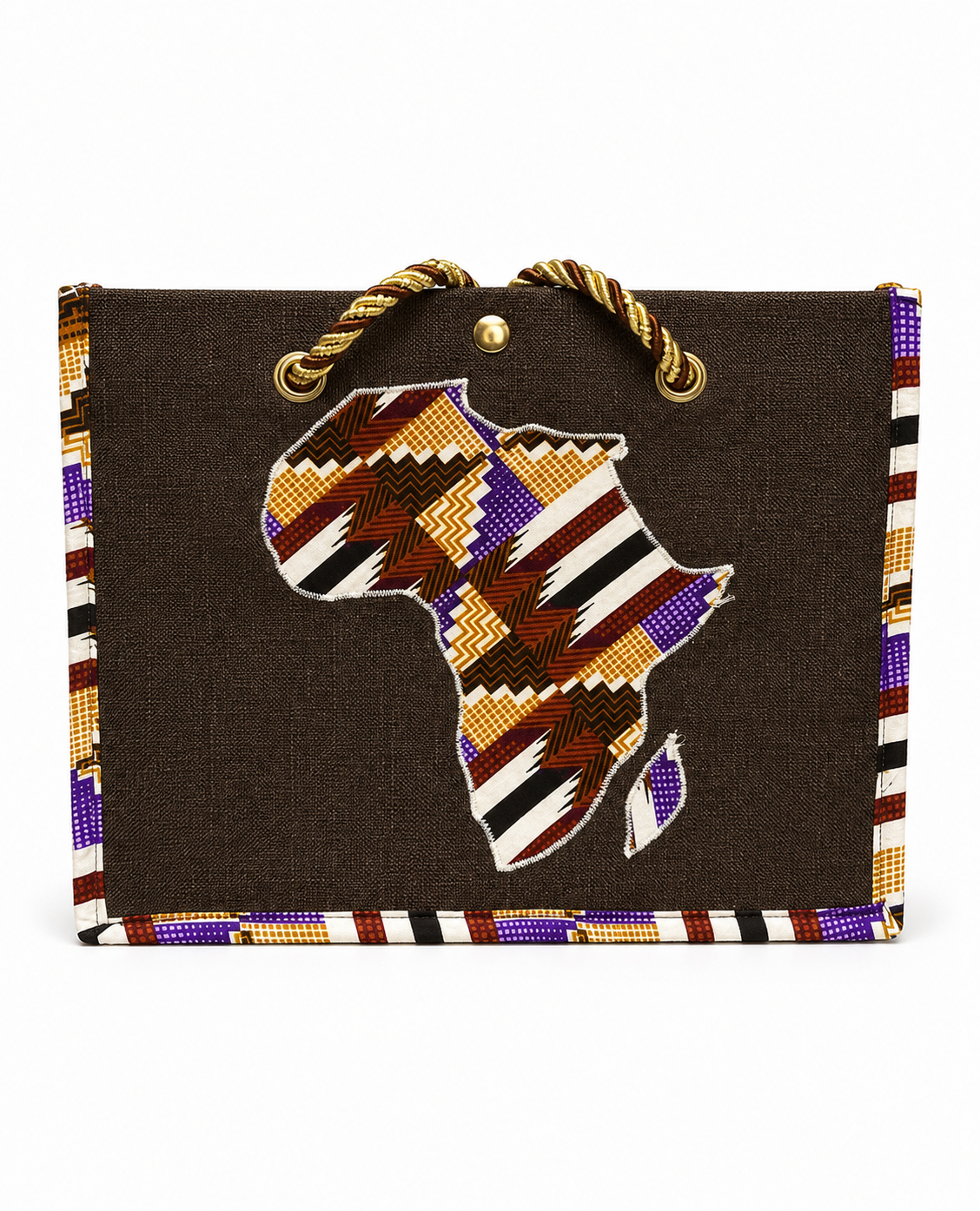 A dark brown woven tote bag featuring a large embroidered or printed map of Africa on the front, with a geometric pattern in brown, gold, black, white, and purple. The bag has rope handles and a matching patterned border.