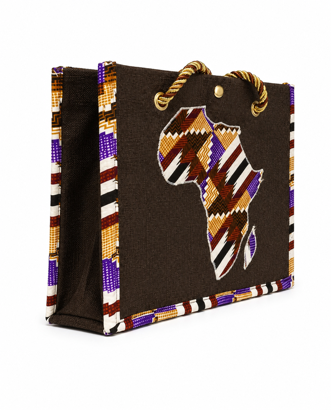 A dark brown canvas tote bag featuring a large African continent silhouette printed on the front in a geometric pattern of brown, gold, white, and purple. The bag has twisted rope handles and a matching patterned border along the edges.