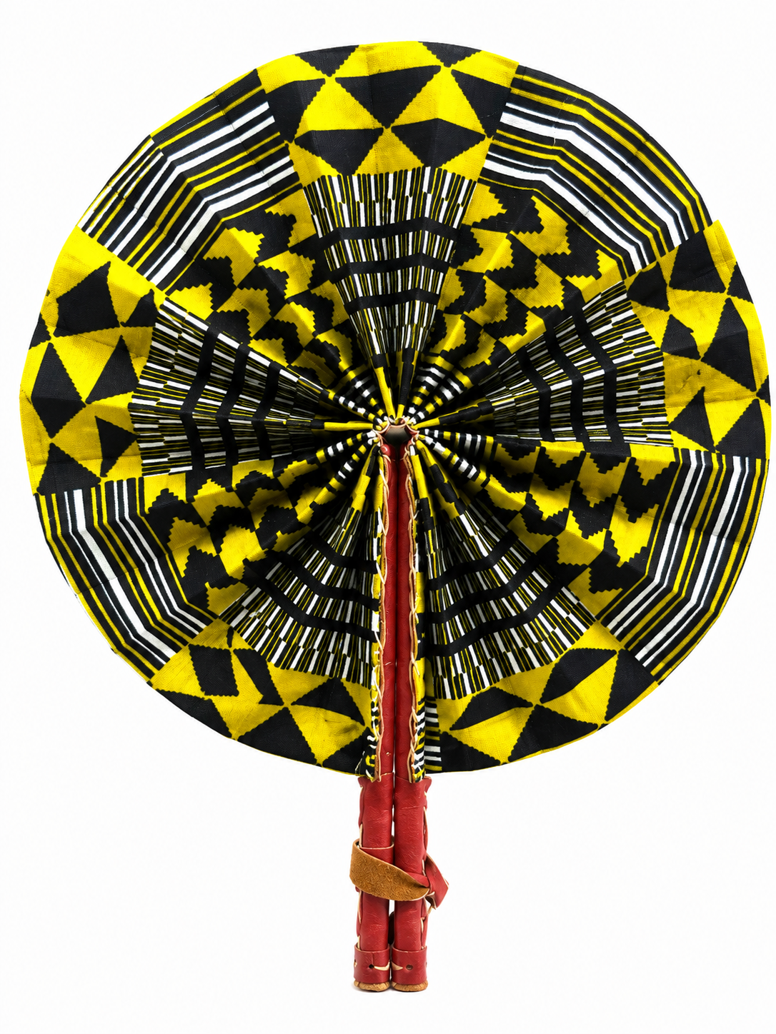A circular hand fan with a bold geometric pattern in yellow, black, and white, featuring red wooden handles wrapped with a brown leather strap, isolated on a white background.