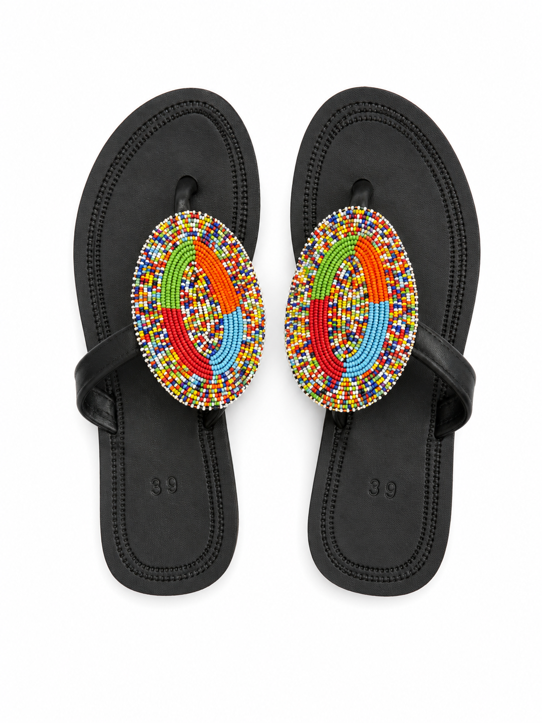 A pair of black thong sandals with large oval beaded footrests featuring colorful geometric patterns in red, green, blue, yellow, and orange, shown against a plain white background.