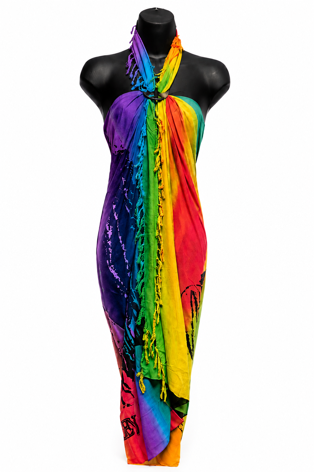 A multicolor rainbow tie-dye halter sarong scarf with fringe, displayed on a black mannequin torso against a white background.